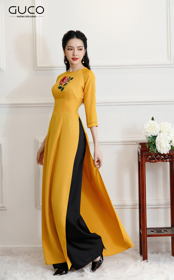 Áo dài nữ thêu hoa hồng AD101 màu vàng