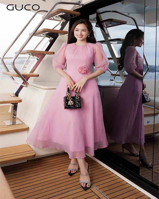 đầm xòe sơ mi cổ trụ