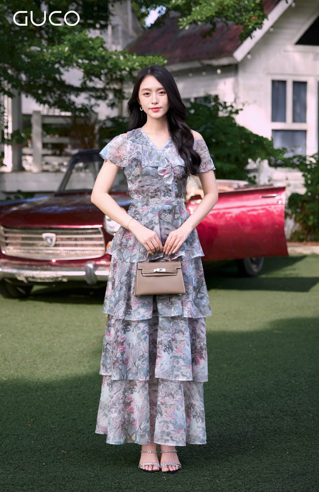 Đầm Hoa Maxi Rớt Vai 4 Tầng - Xám 4871