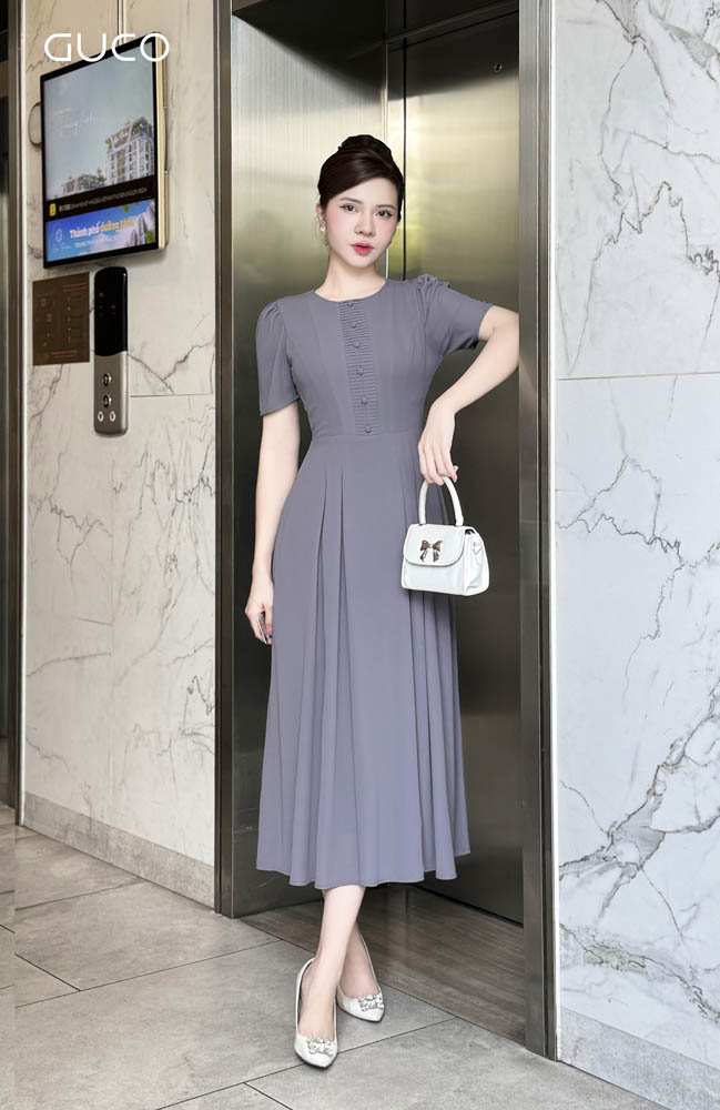Đầm Xòe Xếp Ly Phối Nút - Xám 4858