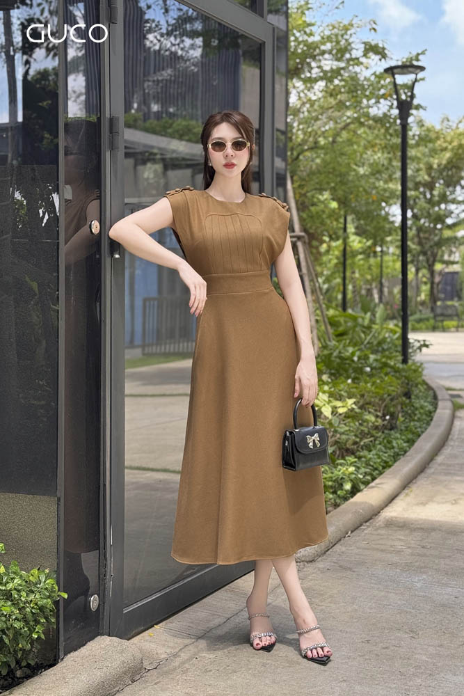Đầm Xòe Vai Phối Nút Bọc - Nâu 4837