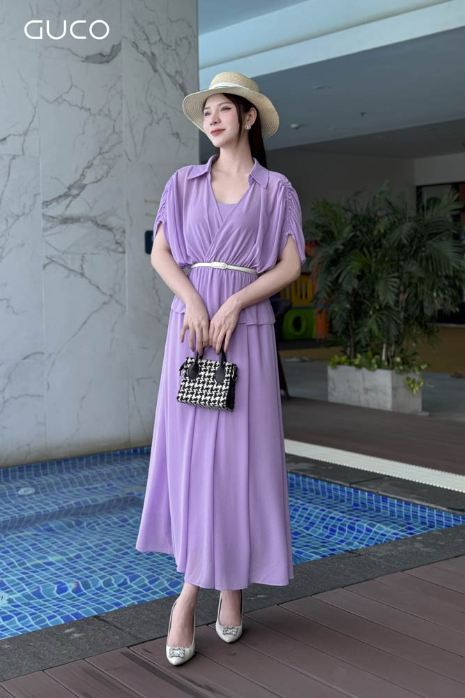 Đầm Maxi Cổ Sơ Mi Chun Eo - Tím 4586