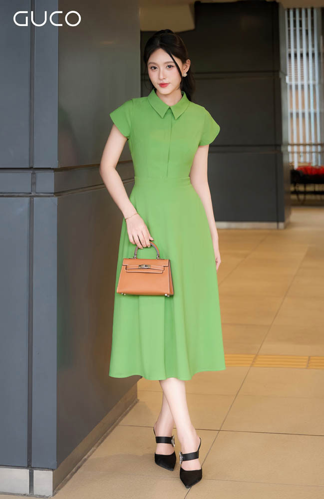 Đầm Xòe Sơ Mi Tay Tiên - Xanh Lá 4883