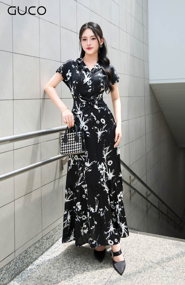 Đầm Xòe Họa Tiết - Trắng Đen 4889