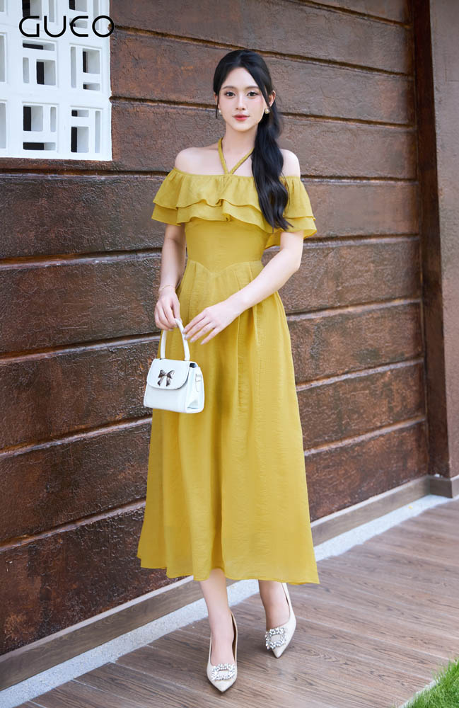 Đầm Xòe Maxi Trễ Vai - Vàng 4891