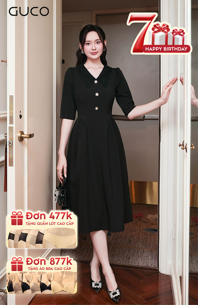 Đầm Xòe Cổ Phối Ren - Đen 4896