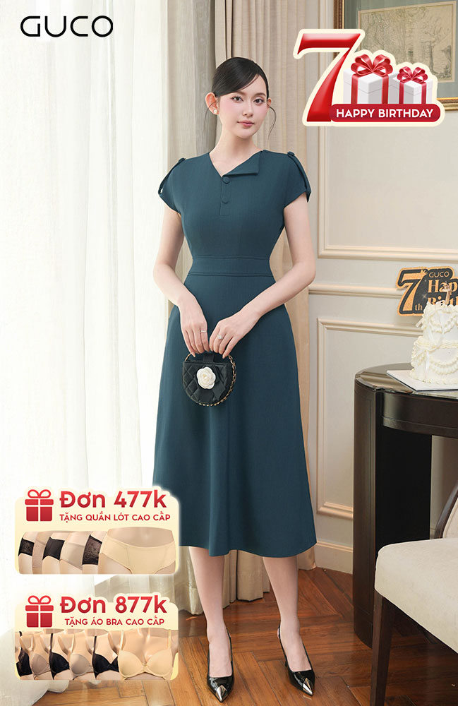 Đầm A Cổ Vest Vai Kết Nút - Xanh Cổ Vịt 4903