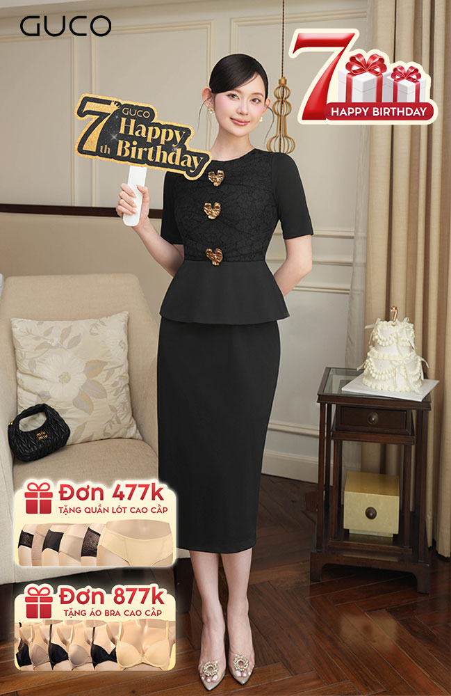 Đầm Dự Tiệc Phối Ren Khoen Vàng - Đen 4906