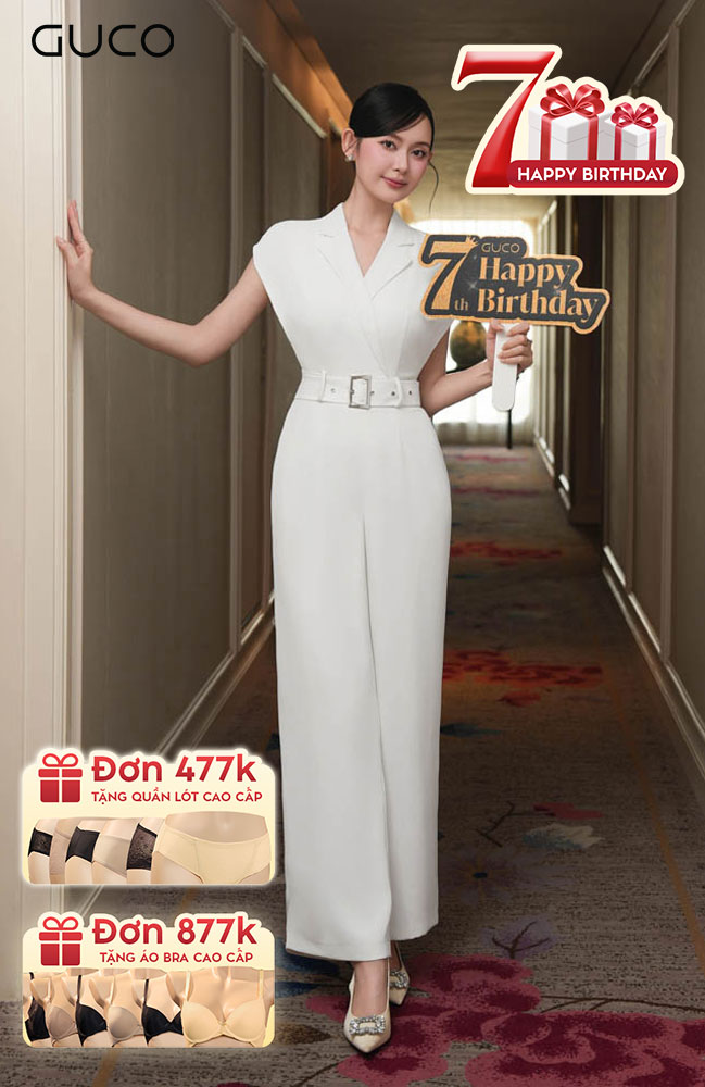 Jumpsuit Tay Dơi Cổ Vest Kèm Belt - Trắng 4908