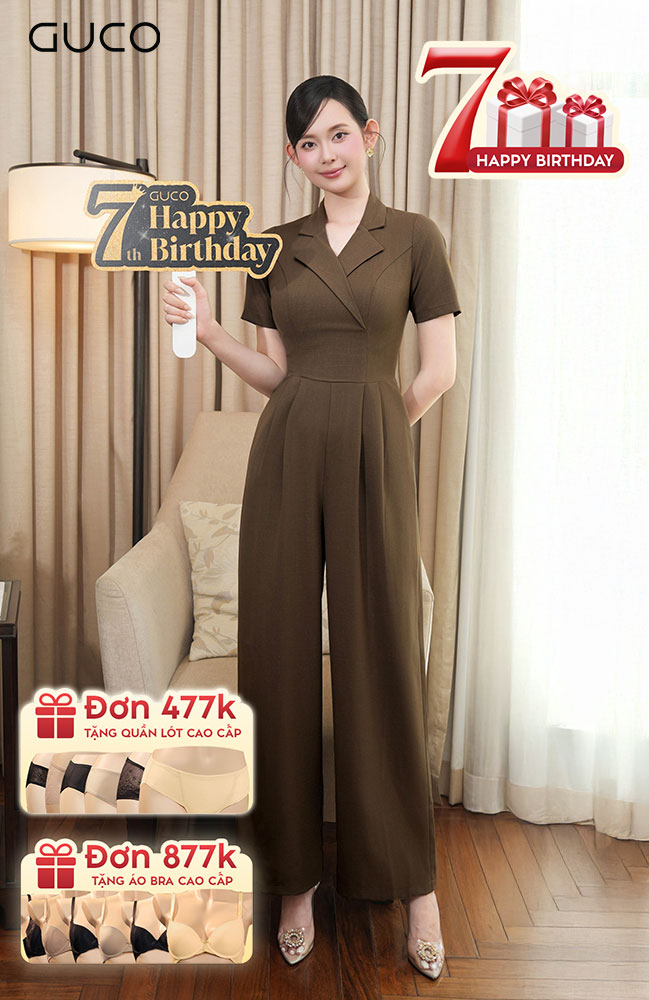 Jumpsuit Cổ Vest Ống Suông - Nâu 4909