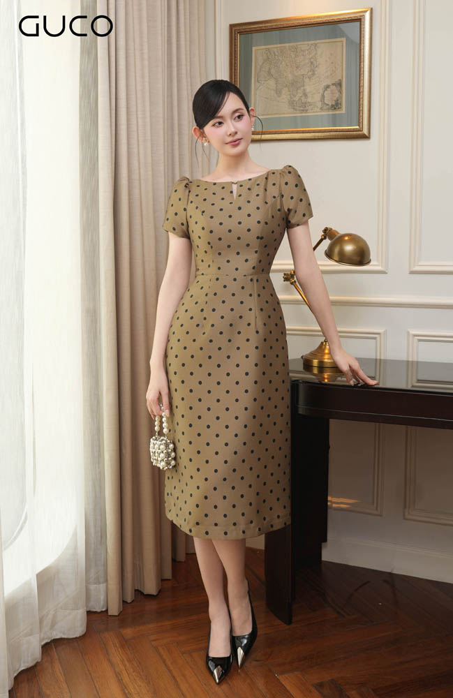 Đầm Taffta Dự Tiệc Chấm Bi - Nâu 4910