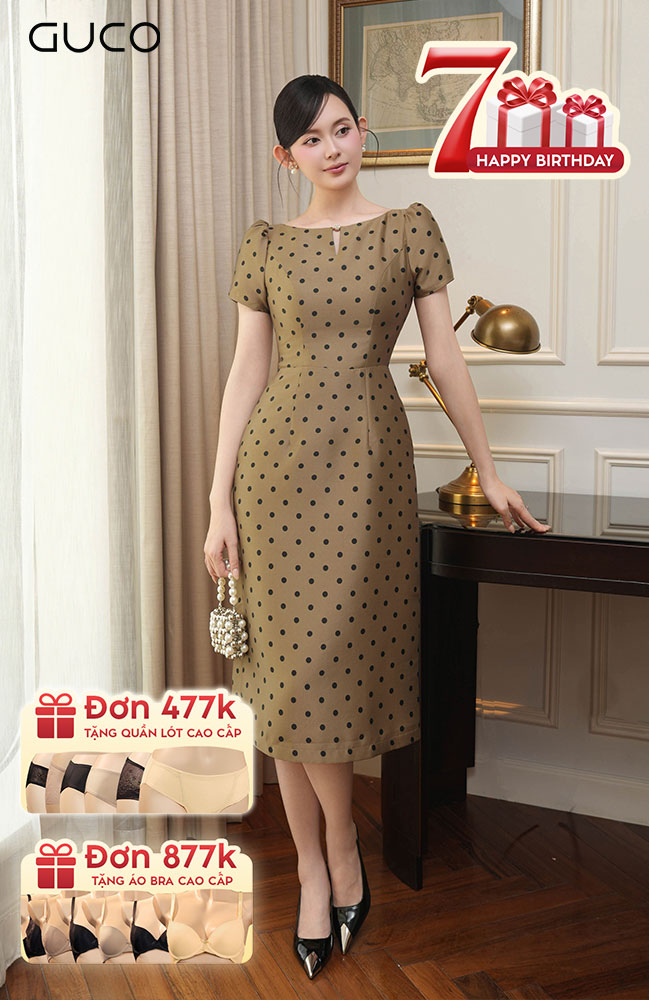 Đầm Taffta Dự Tiệc Chấm Bi - Nâu 4910
