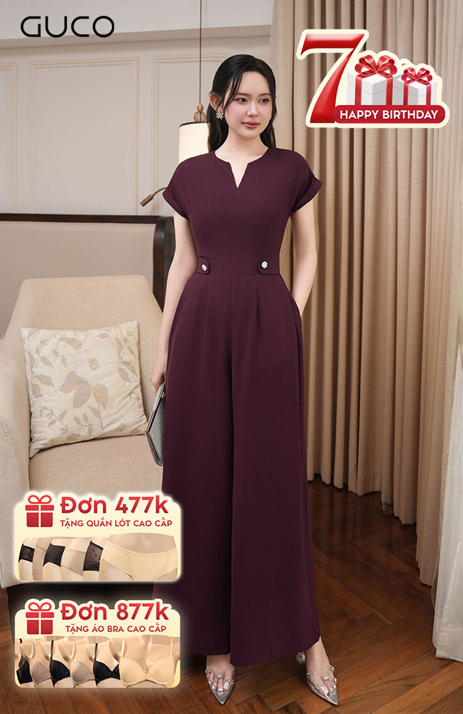 Jumpsuit Tay Dơi Cổ V Nhấn Nút - Đô 4911