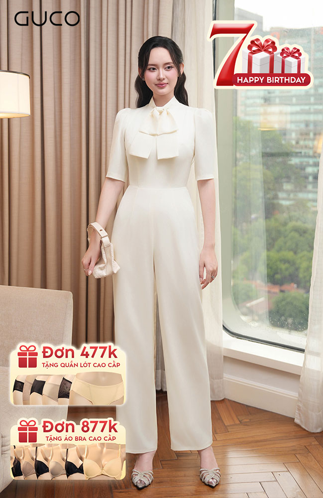 Jumpsuit Cổ Nơ Ống Suông - Kem 4913