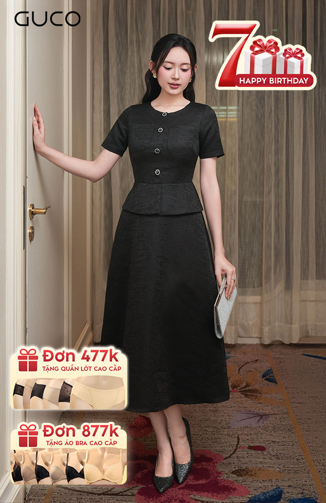 Đầm Gấm Dự Tiệc Peplum - Đen 4914