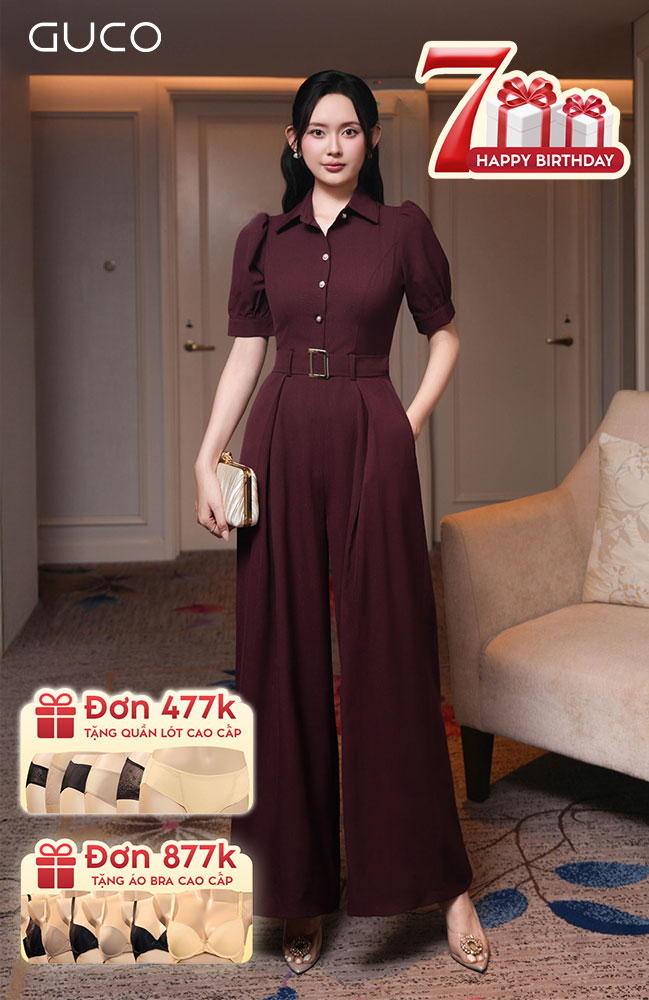 Jumpsuit Cổ Sơ Mi Kèm Belt - Đô 4915