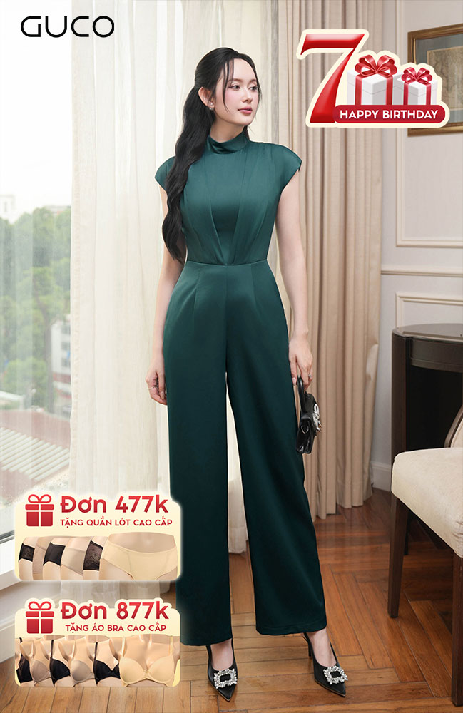 Jumpsuit Lụa Cổ Lọ Tay Dơi - Xanh 4916