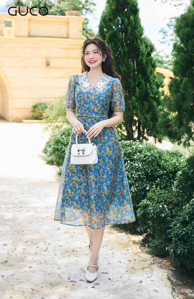 Đầm Midi Hoa Cổ Phối Ren Trắng - Xanh 4923