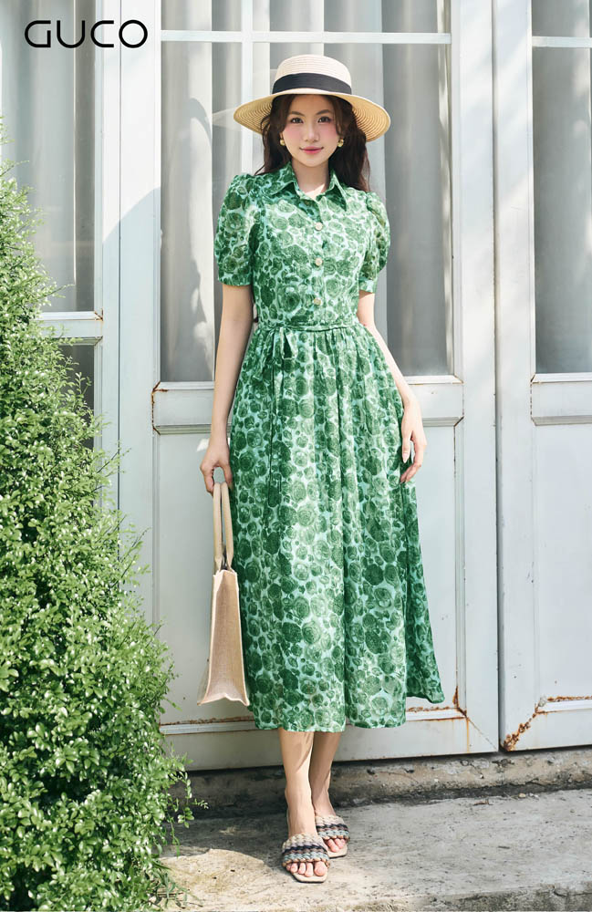Đầm Midi Hoa Hồng Cổ Sơ Mi - Xanh 4926