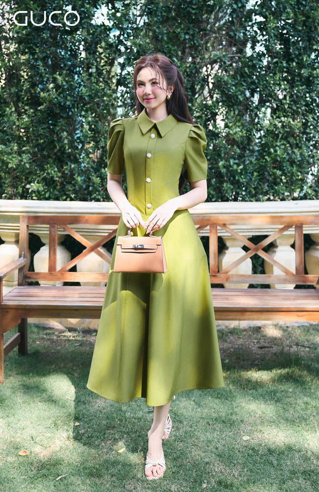 Đầm Midi Cổ Sơ Mi Tay Phồng - Xanh Bơ 4927