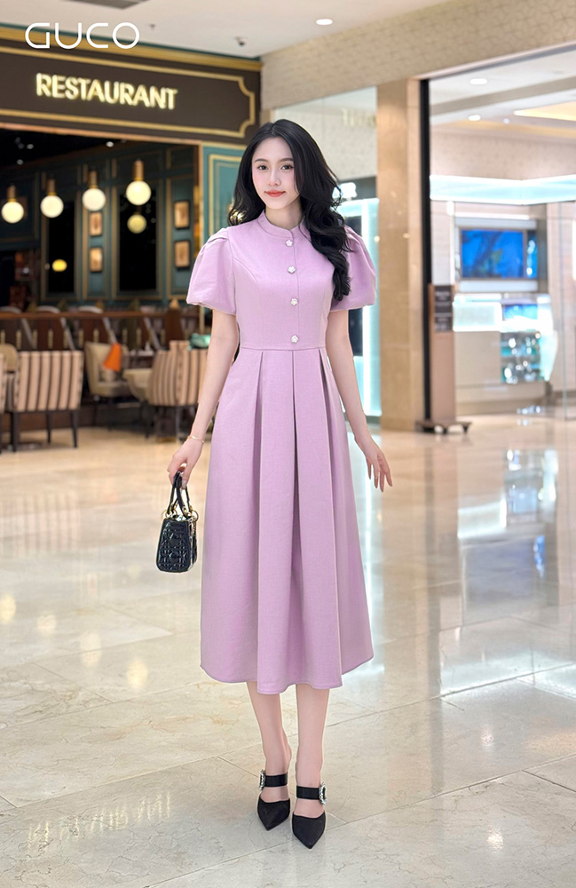 Đầm Xòe Tay Phồng Tùng Xếp Ly - Hồng 4878