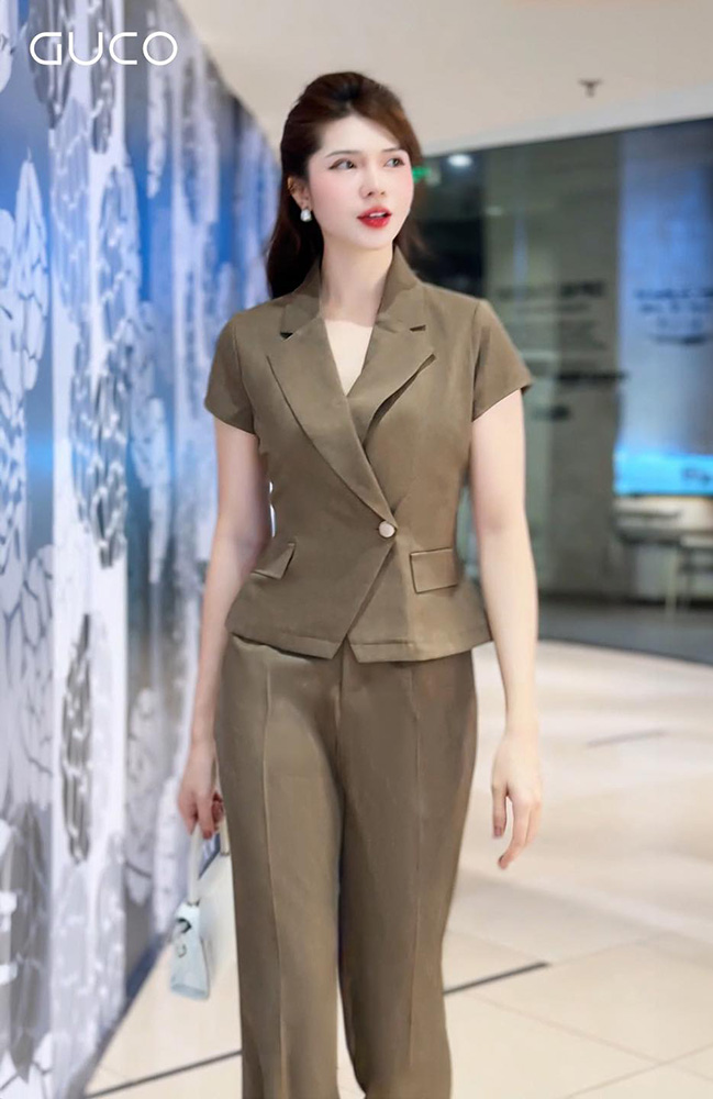 Áo Cổ Vest Vạt Chéo Túi Gỉa - Rêu A608