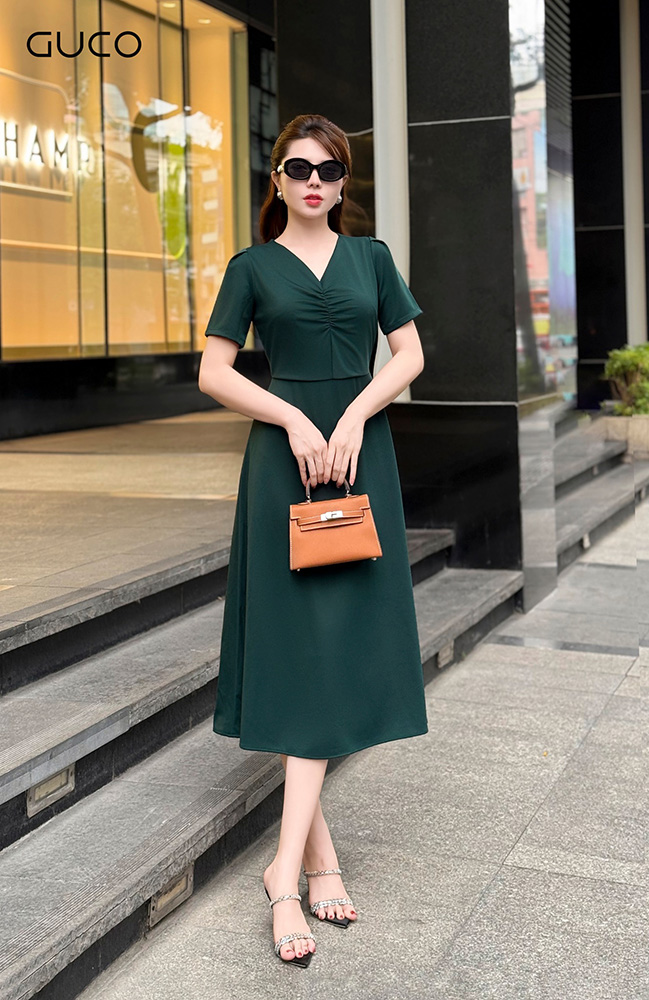 Đầm Xòe Cổ Tim Dây Nơ Lưng - Xanh Ve Chai 4884