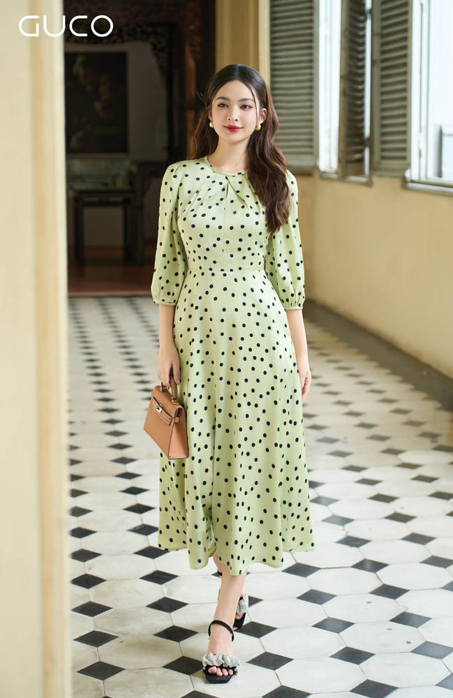 Đầm Xòe Chấm Bi Tay Lỡ - Bi Xanh 4945