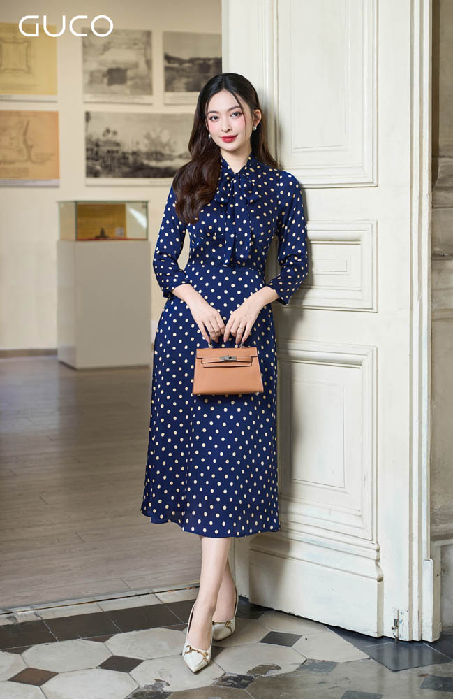 Đầm Xòe Chấm Bi Cổ Thắt Nơ - Bi Xanh Đen 4947