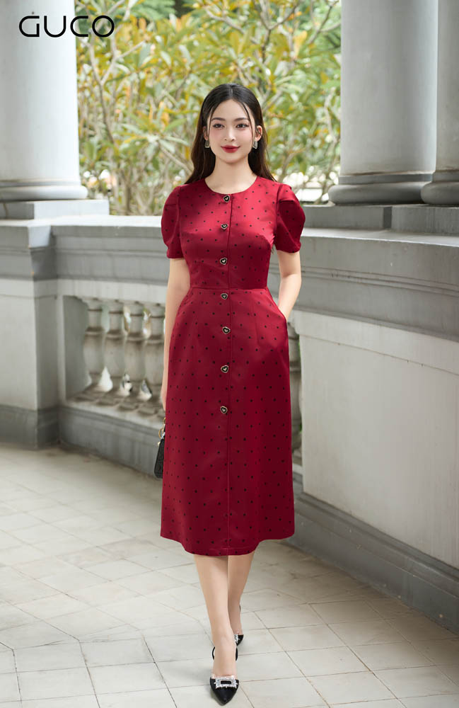 Đầm Bi Dáng A Cổ Tròn Đính Nút -  Bi Đỏ 4948