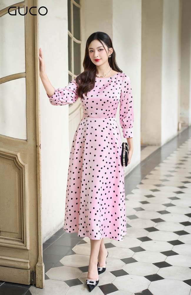 Đầm Xòe Chấm Bi Tay Lỡ - Bi Hồng 4949