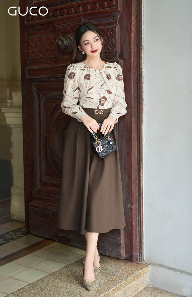 Đầm Xòe Tùng Nâu Phối Áo Hoa - Nâu 4953