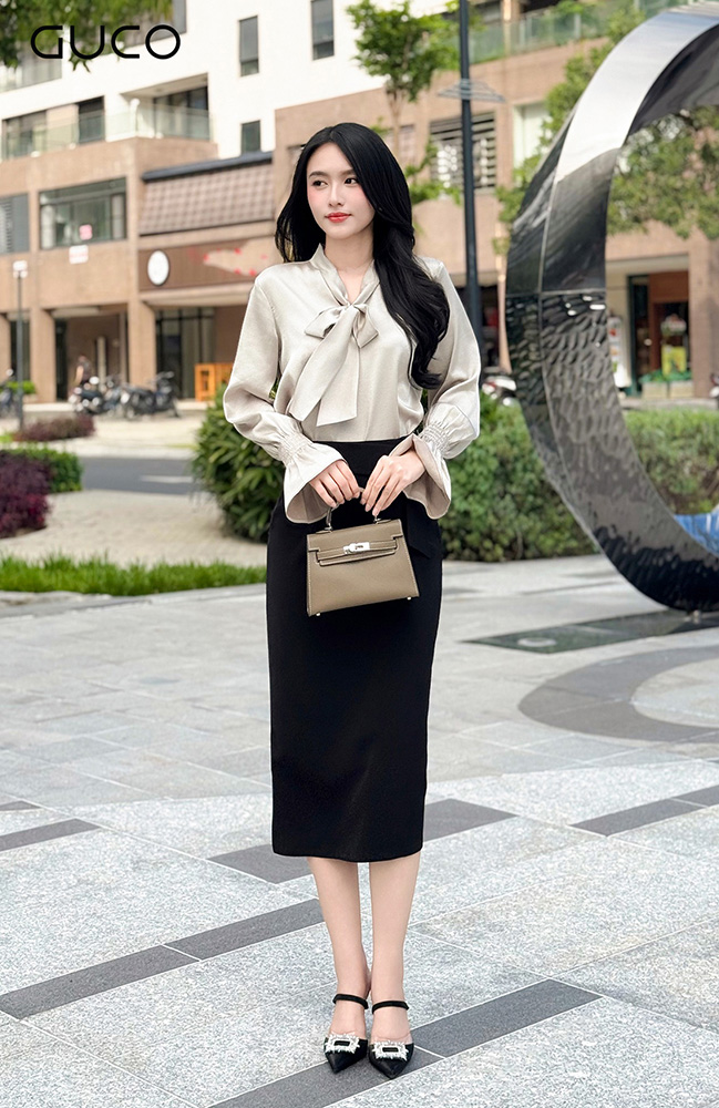 Áo Lụa Cổ Cột Nơ Tay Bo - Xám A605