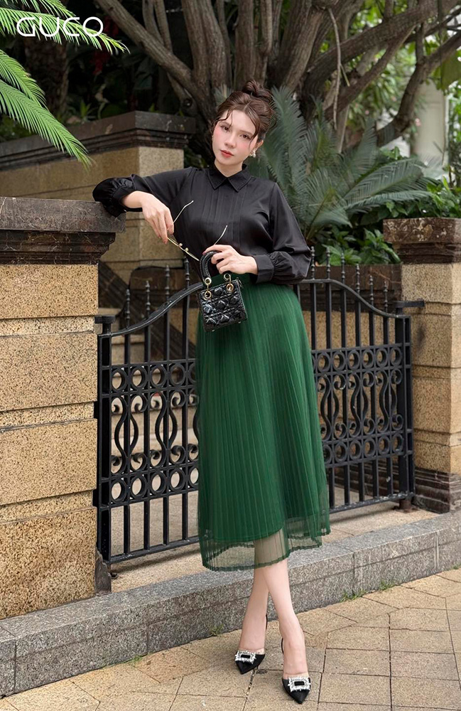 Chân Váy Lưới Dập Ly - Xanh Lá CV249