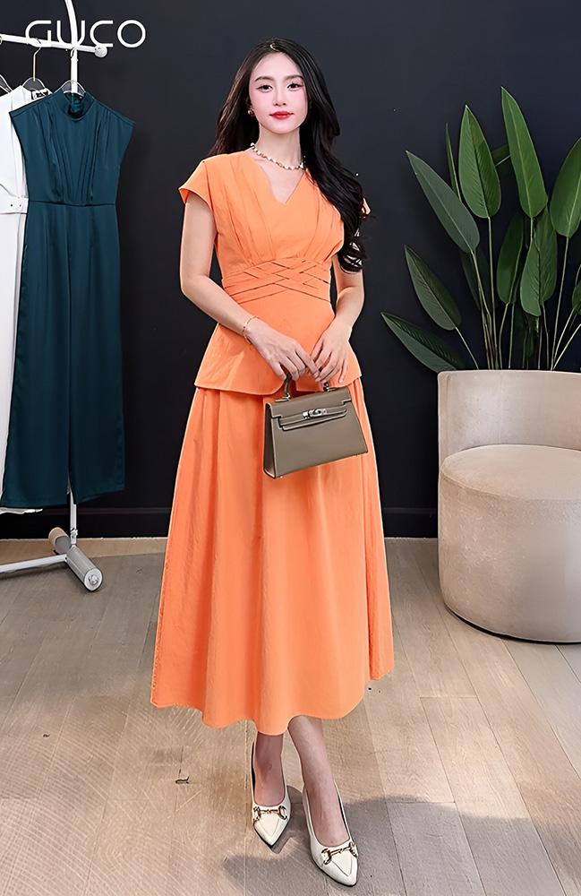 Đầm Peplum Cổ Tim - Cam 4956