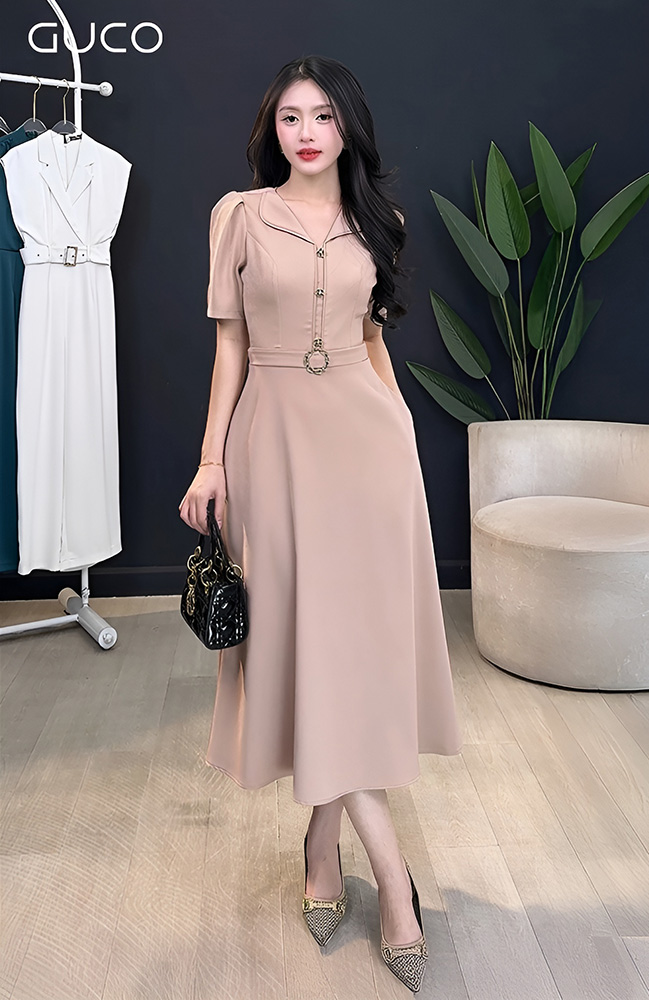 Đầm Xòe Cổ Sen Đai Khoen Liền - Be 4955