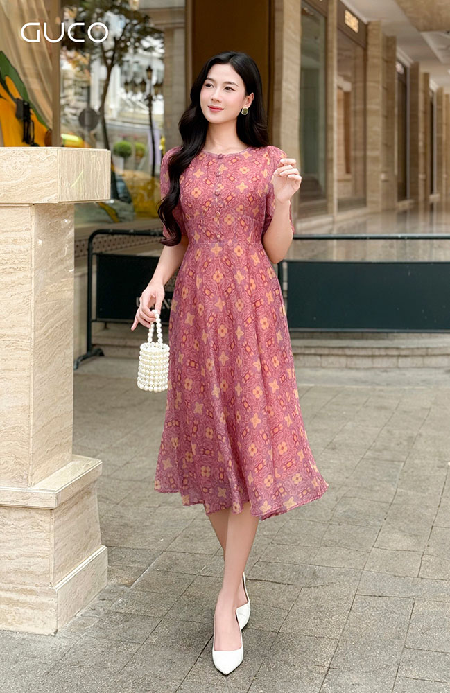 Đầm Xòe Hoa Vàng Cổ Tròn - Hồng 4986