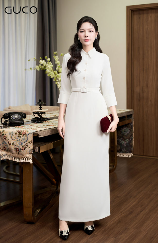 ĐẦM Dạ Hội Sơ Mi Tay Lỡ Có Khoen - Trắng/Đen - 4853