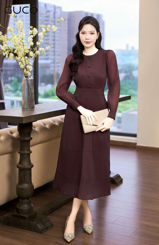 Đầm Xoè Cổ Viền Tròn Tay Dài - Đỏ Đô - 4974