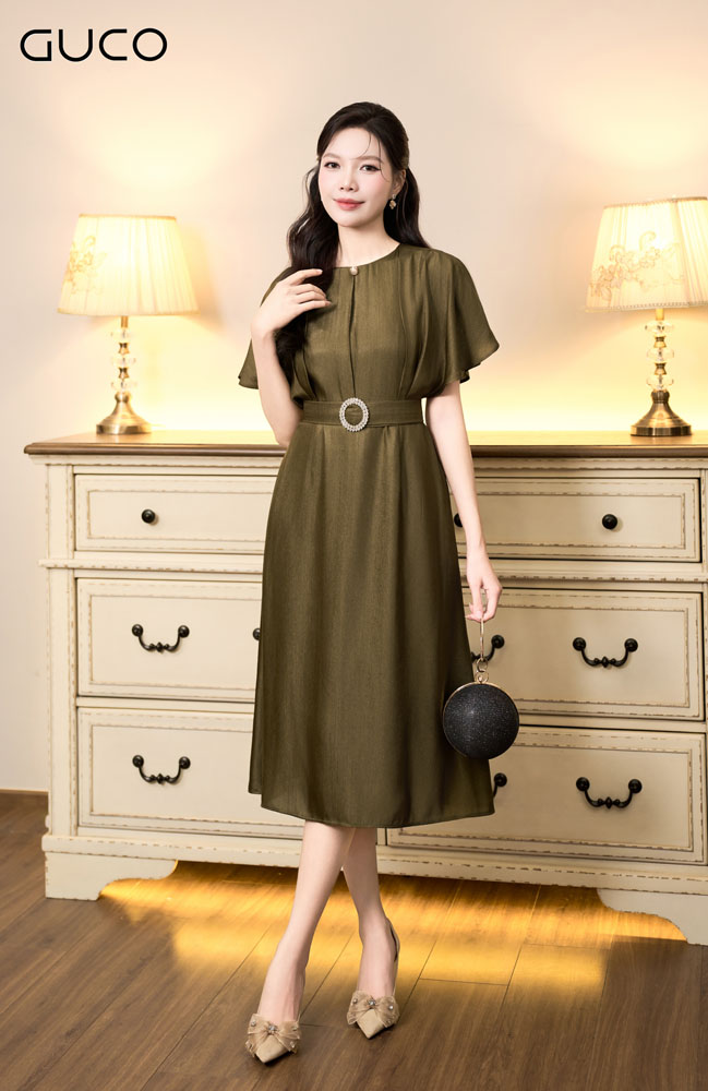 Đầm Xoè Cổ Tròn Tay Liền Thân Kèm Belt - Xanh Rêu - 4958