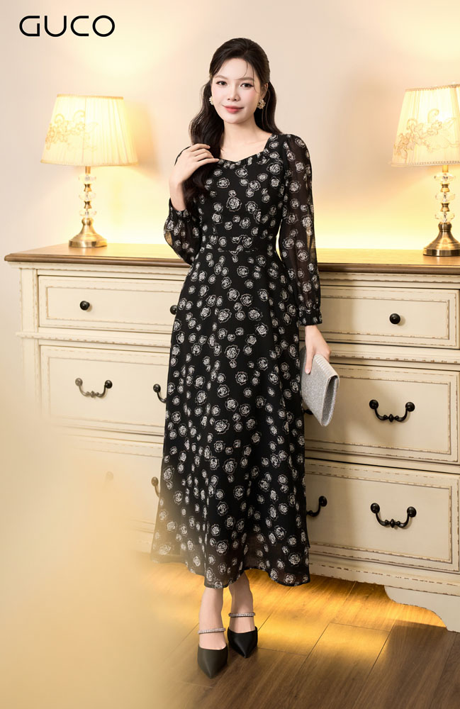 Đầm Midi Hoa Tay Dài - Đen - 4989