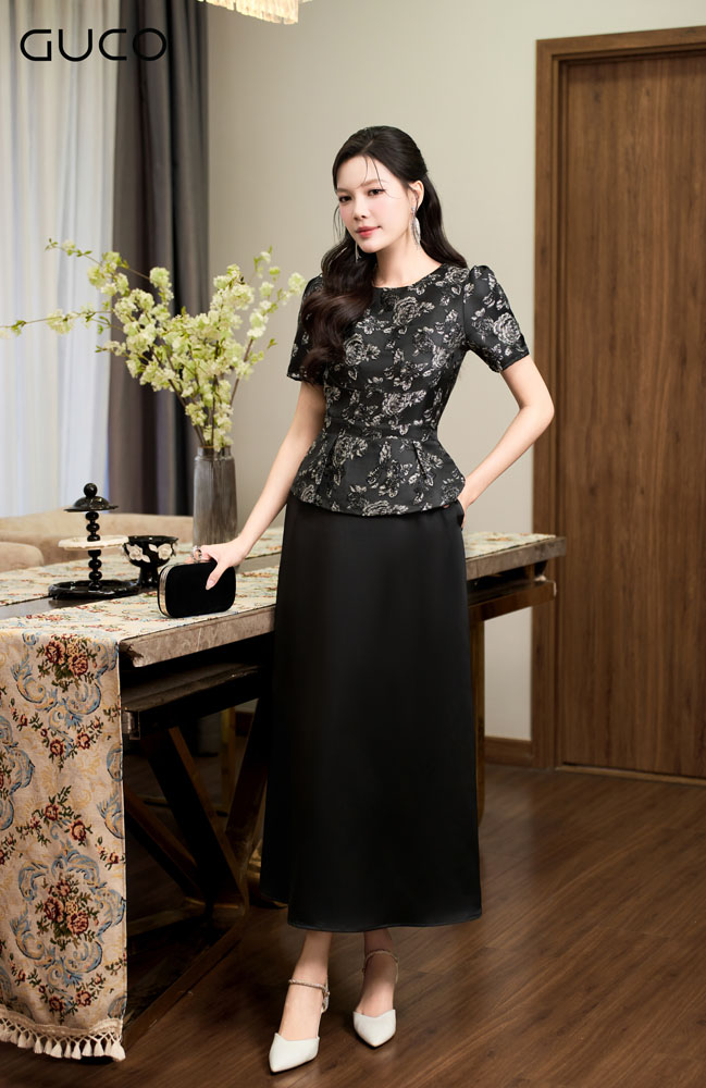 Đầm Dự Tiệc Áo Gấm Hoa Phối Tùng Đen - Đen - 5002