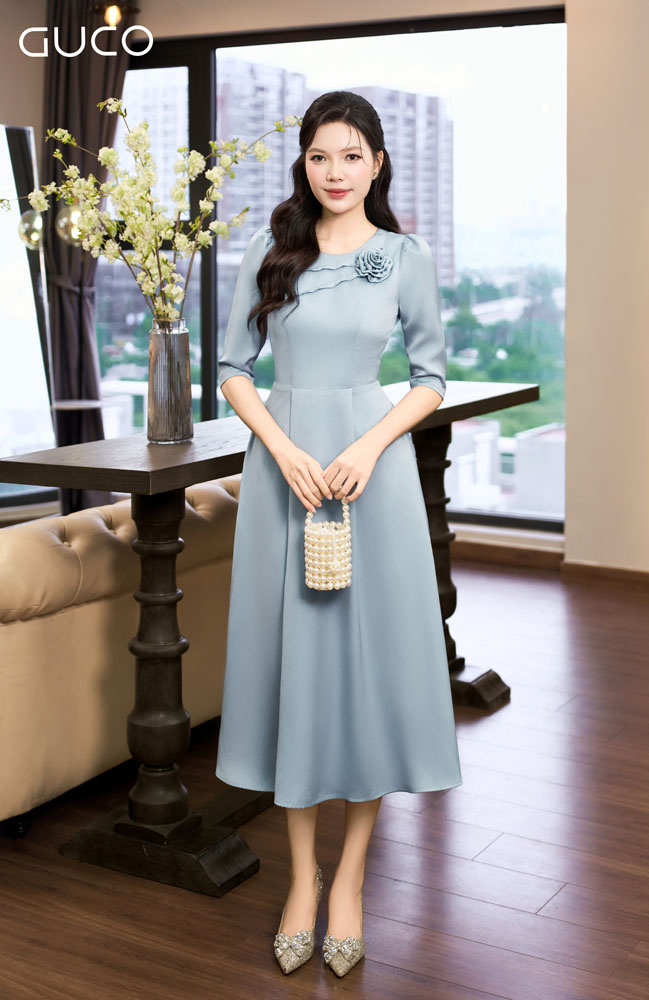 Đầm Xòe Tay Lỡ Đính Hoa Dáng Dài - Xám - 5006