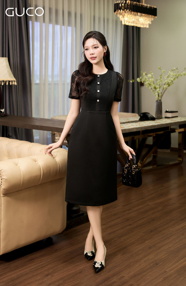Đầm Dự Tiệc Phối Ren Đính Nút - Đen - 5016