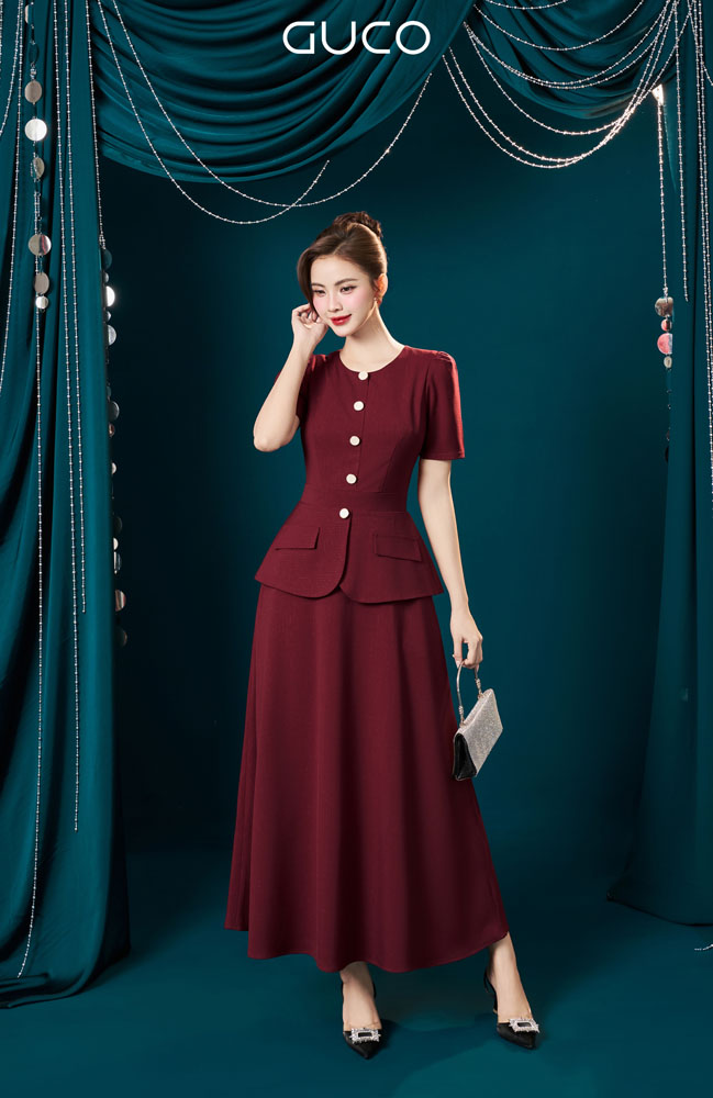 ĐẦM PEPLUM CỔ TRÒN TÚI GIẢ 2 BÊN - ĐỎ ĐÔ - 4981