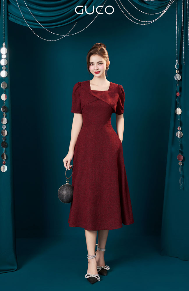 ĐẦM XÒE CỔ VUÔNG CÁCH  ĐIỆU - ĐỎ - 5001