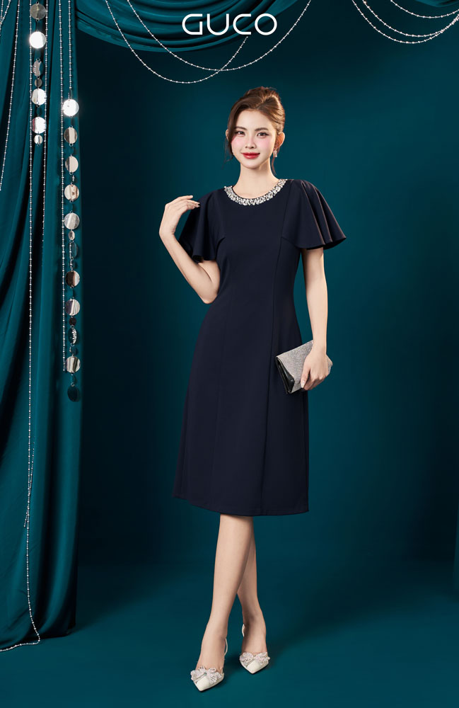 ĐẦM A CỔ TRÒN TAY CÁNH TIÊN - XANH ĐEN - 5012