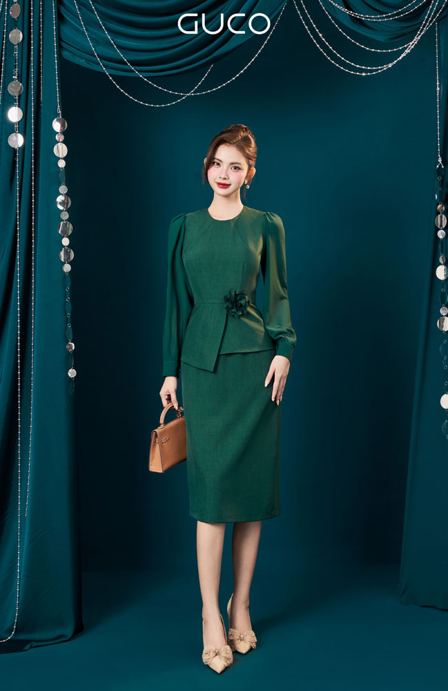 ĐẦM PEPLUM CỔ TRÒN TAY DÀI PHỐI VOAN - XANH LÁ - 5021