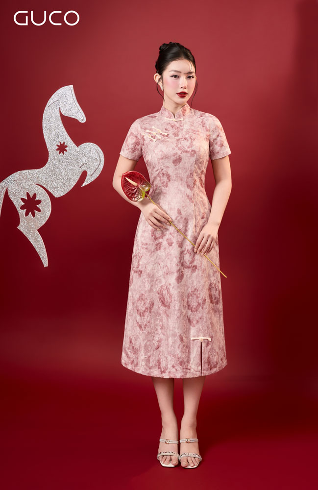 ĐẦM A CỔ TÀU GẤM HOA - ĐỎ - 5054