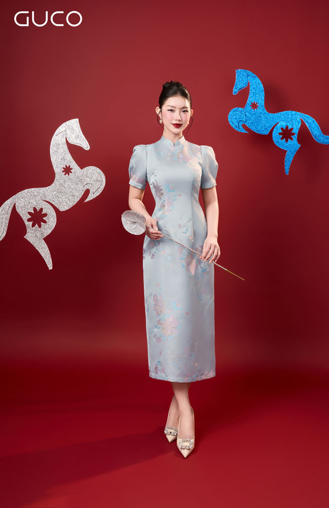 ĐẦM A GẤM HOA CỔ TÀU - HOA XANH - 5045